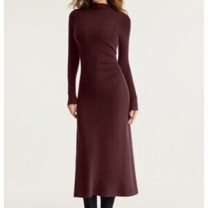 OGL ProWarm Mock Neck Side Tucks Long Sleeve Midi Dress Ruby Size Medium